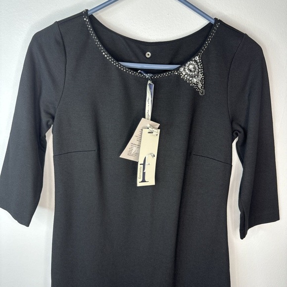 Ferrante Italian Dress Sz XS Rhinestone Detail Black Viscose Made In Italy NWT - Picture 2 of 15